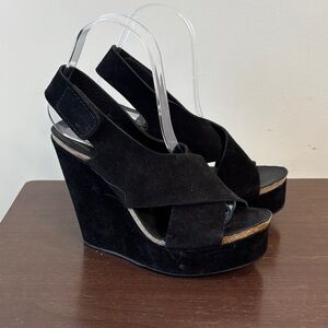 Pedro Garcia Elegant Black Suede Criss Cross Wedge Sandals size 37.5/7.5